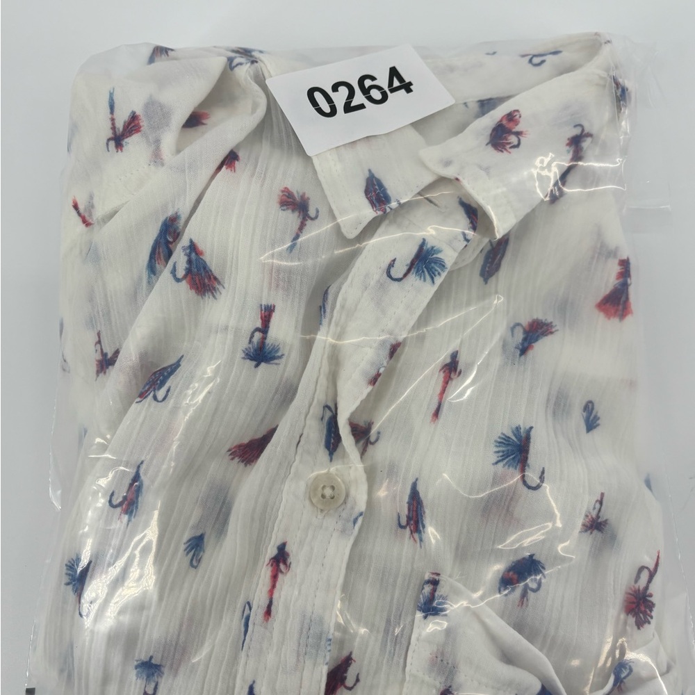 Eddie Bauer Women's L Fly Fishing Lure Print Shirt Short Sleeve Cotton White - Picture 7 of 7